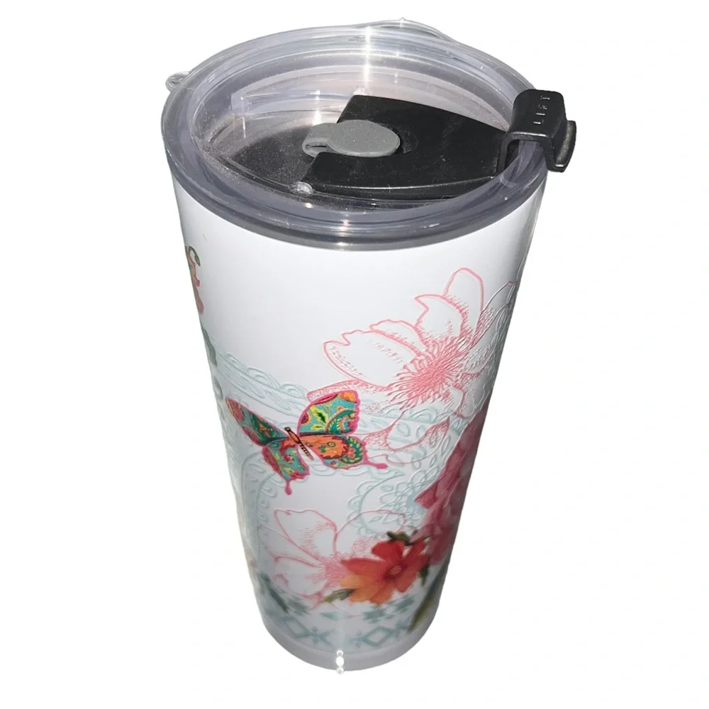 4/$40 Indigo Falls White with‎ Pink Floral Print Boho Chic Travel Cup